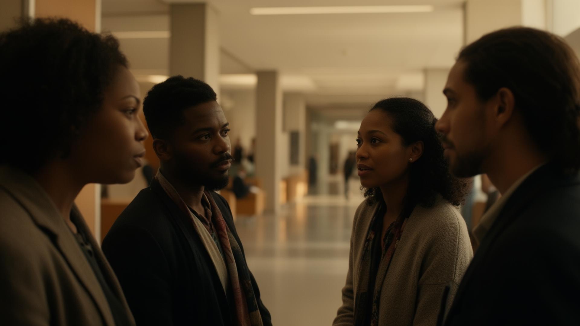 People in conversation in a warm institutional setting