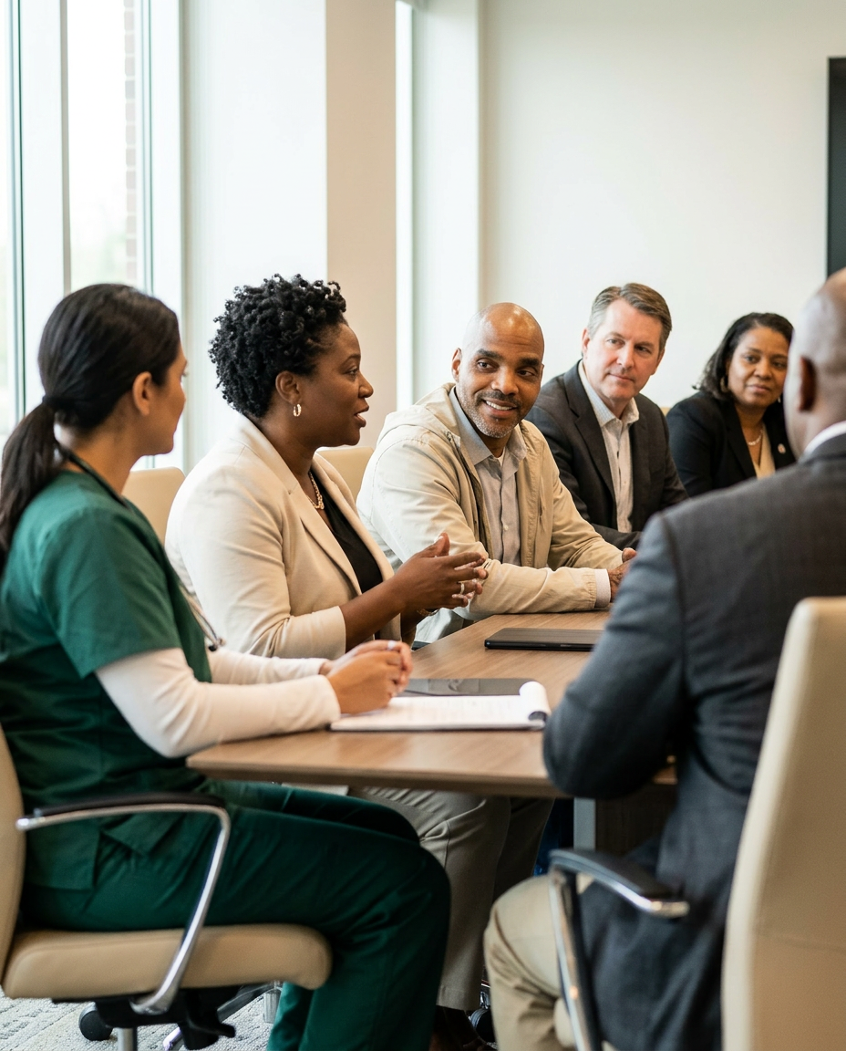 Diverse leaders from healthcare, education, and corporate institutions in candid dialogue around a conference table